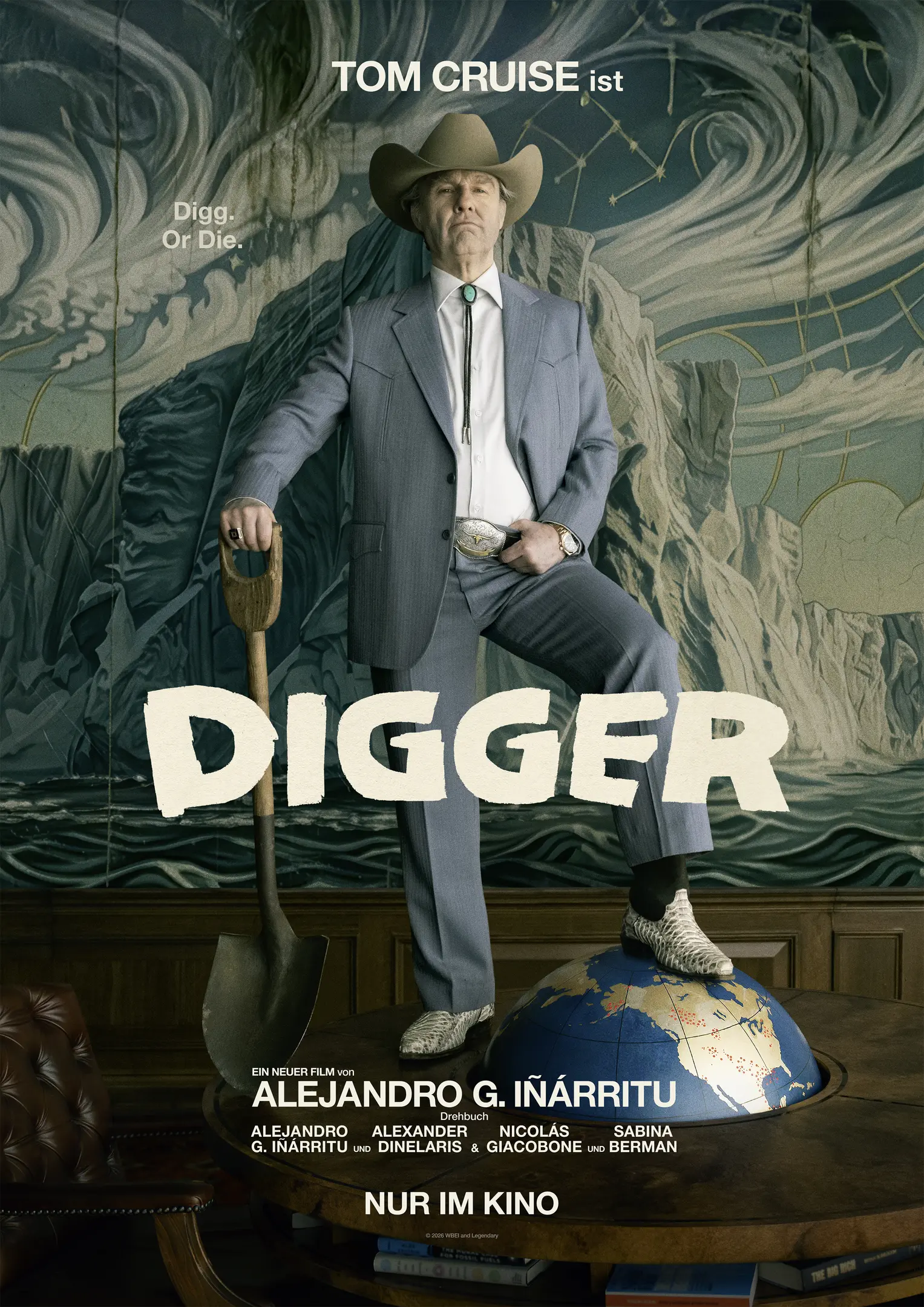 Filmplakat, Film Digger, Tom Cruise, Westernkleidung, Globus-Hintergrund