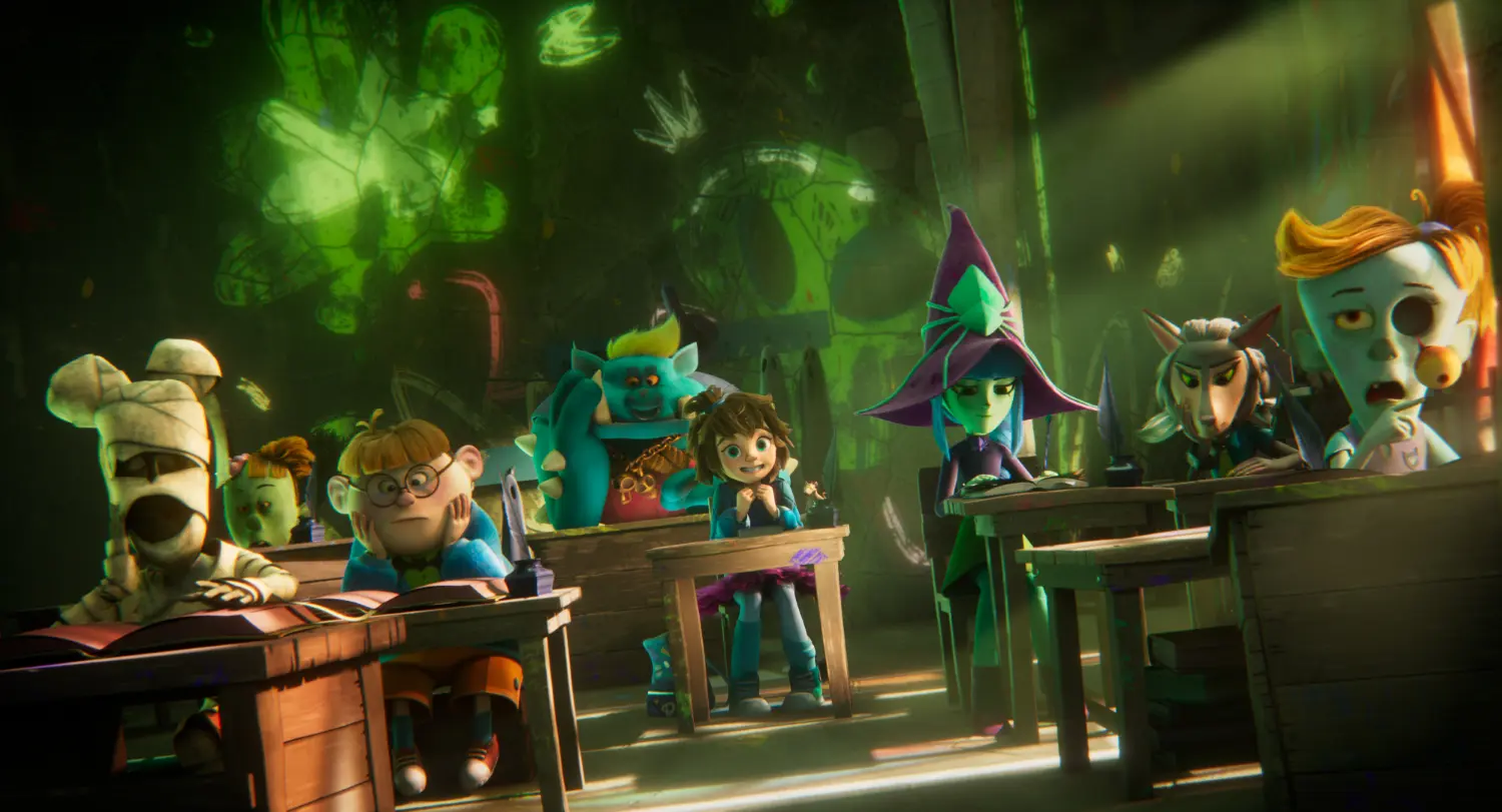 animiertes Klassenzimmer, Fantasyfiguren, 3D-Animation, Schulbänke, grüne Beleuchtung