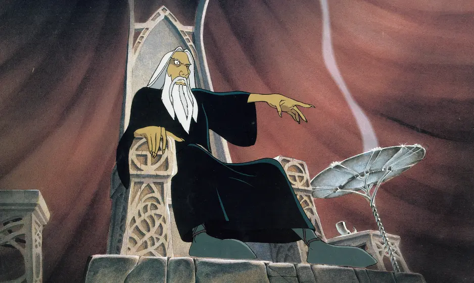 animiertes Kunstwerk, Zauberer, verzierter Thron, schwarze Robe, weißer Bart