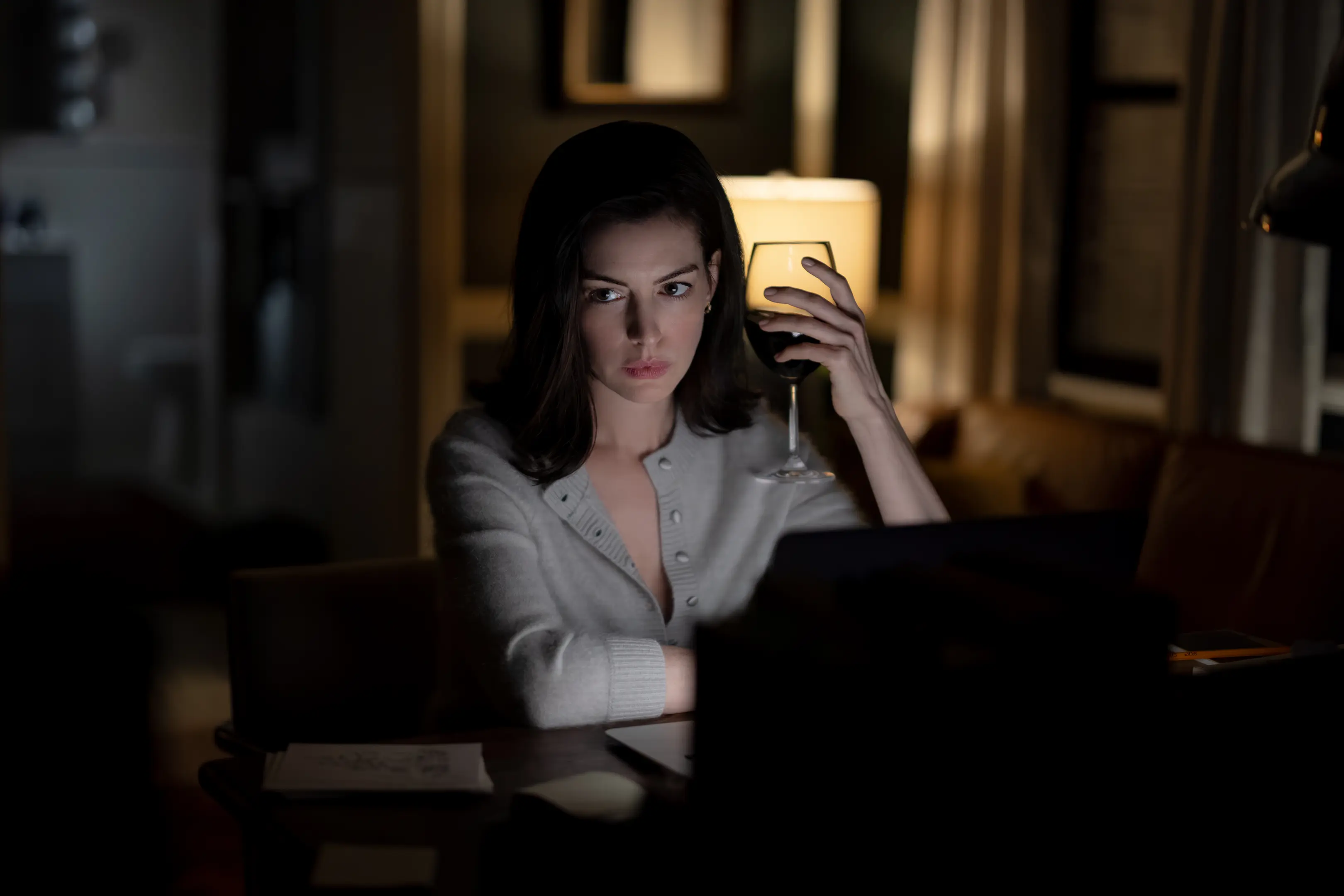 frau, weinglas, abends, laptop, cardigan