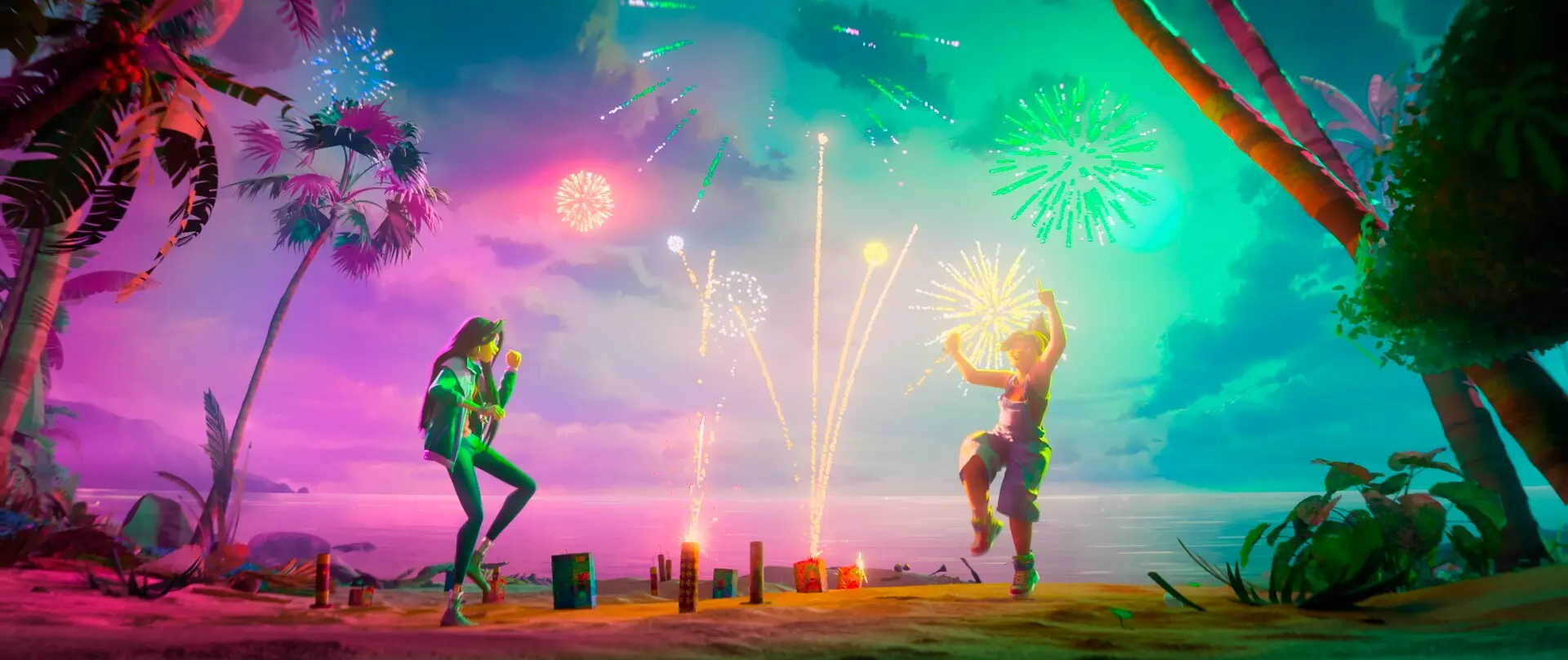tropisch, Strand, Feuerwerk, Personen, Nachtaufnahme
