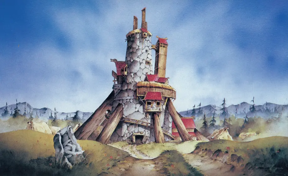 Fantasy-Illustration, Steinturm, Rote Dächer, Berglandschaft