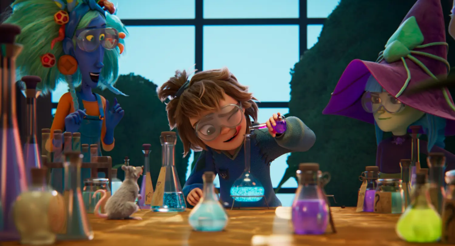 Animationsszene, Wissenschaftslabor, Glaskolben, lila Trank, Hexenhut