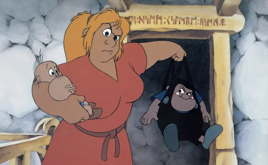 Animationsfiguren, Zeichentrickillustration, rote Tunika, Höhlenszene, Fantasy-Animation