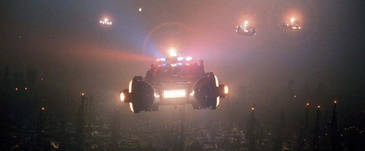 Flugauto, Science-Fiction-Fahrzeug, Luftfahrzeug, Leuchtlichter, Nachtszene