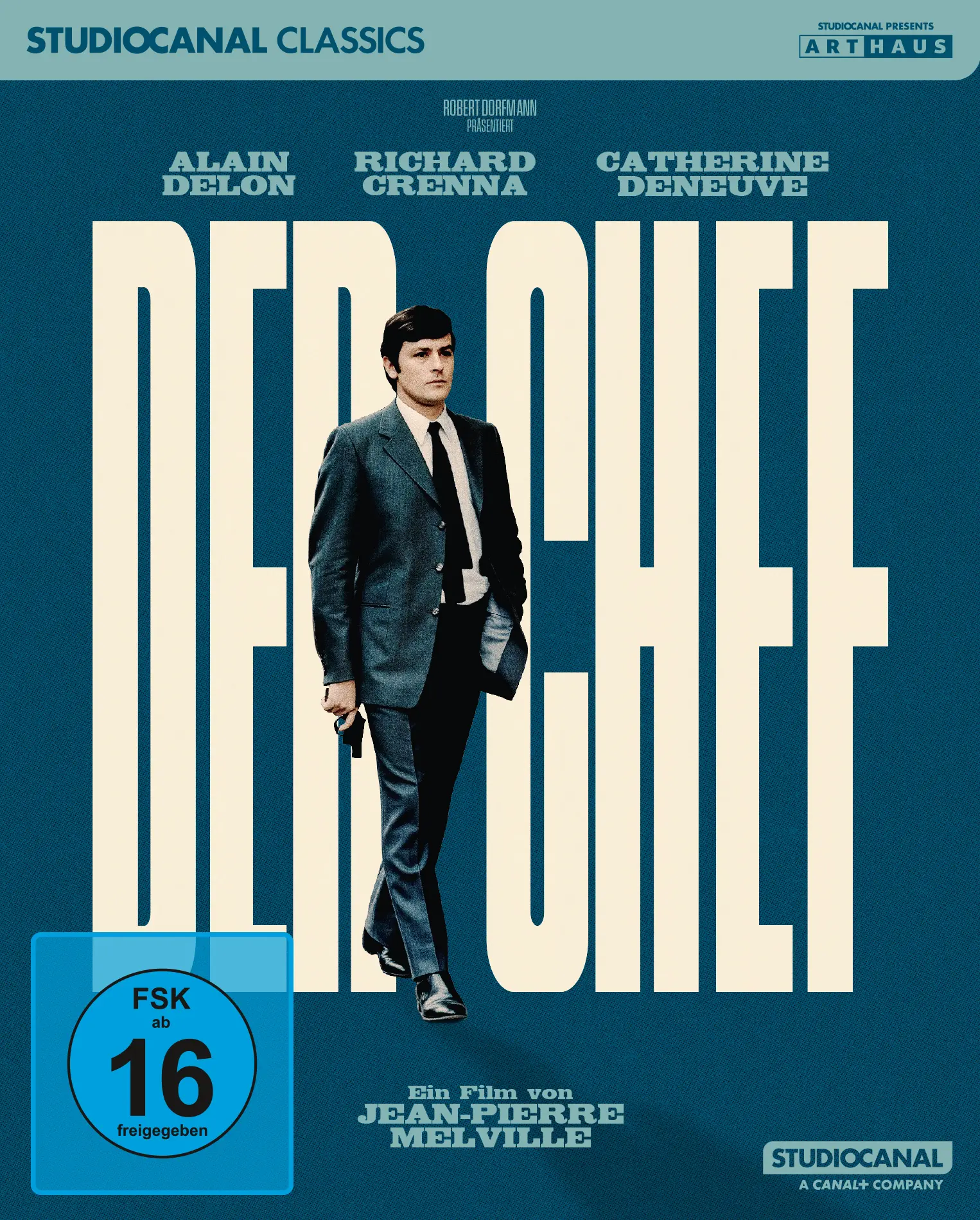 filmplakat, blauer hintergrund, anzug, mann, 16+ altersfreigabe